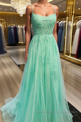 A Line Mint Green Lace Long Semi Formal Prom Dresses, Mint Green Lace Formal Graduation Evening Dresses